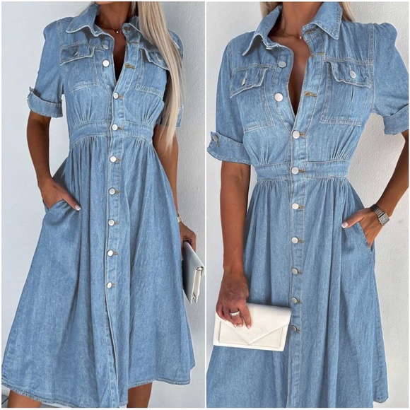 Medium Wash Denim Jean Button Down Midi Dress - Picture 6 of 7